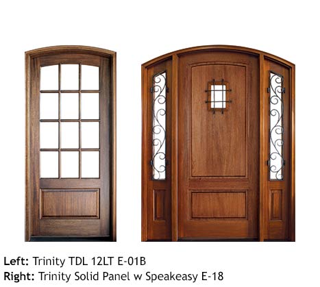Traditional arched top single door entries, 12 divided lite beveled glass or solid wood entry door with iron speakeasy