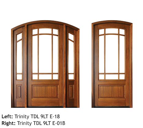 Craftsman style double and single front doors, arched top with divided lites, clear beveled glass, Mahogany raised bottom panels
