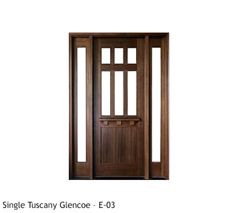 Knotty Alder Spanish style single entry door with clear beveled glass panels, drip cap, single lite sidelights
