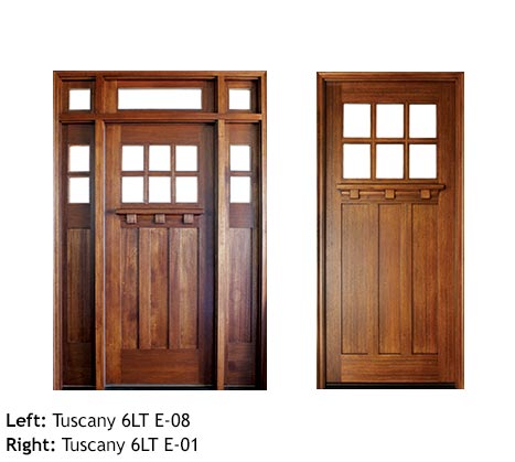 Craftsman style single front entry, Mahogany, Knotty Alder, clear beveled glass divided 6 lite panels, drip cap, sidelights, and transom