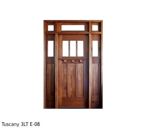 Bungalow style, single front entry, Mahogany, clear beveled glass, drip cap, divided 3 lite glass panels, sidelights, transom