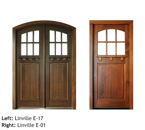 Arts and Crafts style double and single door entry, Mahogany, clear beveled glass, drip cap, divided 6 lite glass panels, raised wood panels