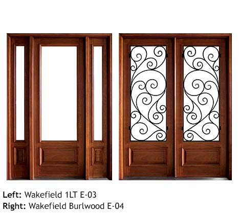 Modern style single and double front entry doors, Mahogany, clear glass with contemporary swirled iron grill, sidelights