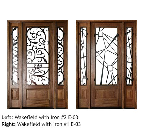 Art Deco style single front entry doors with sidelights, clear or Flemish glass panels, iron grills, Mahogany, square top