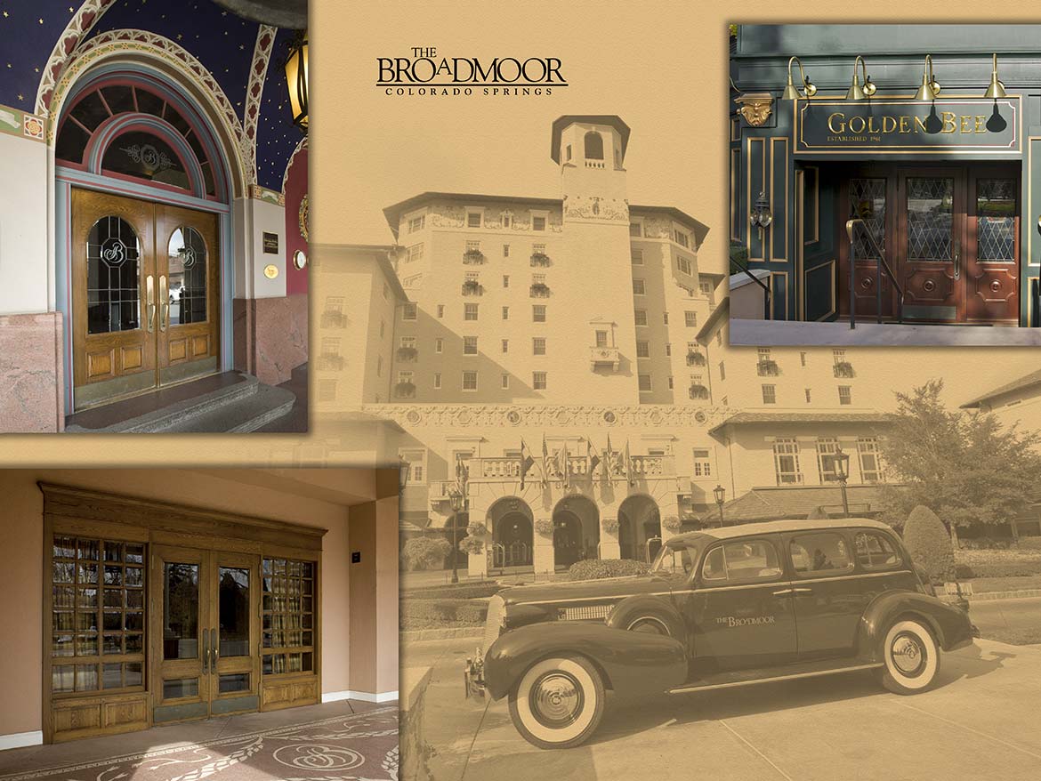 Picture collage of the Broadmoor Hotel Golden Bee Pub & Restaurant, & Broadmoor South Tower entries, white oak, leaded glass, beveled glass, hand painted glass