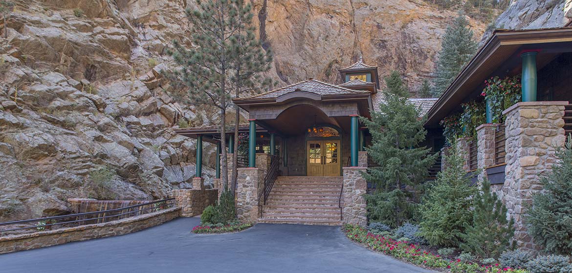 Main entry, Seven Falls 1859 restaurant, Knotty Pine, clear glass panels, arched transom