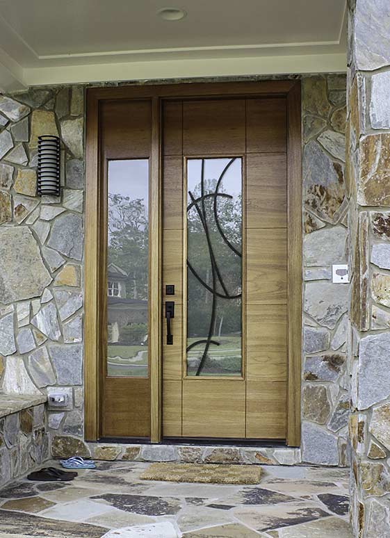 Contemporary mahogany front entry with sidelight, modern iron grill