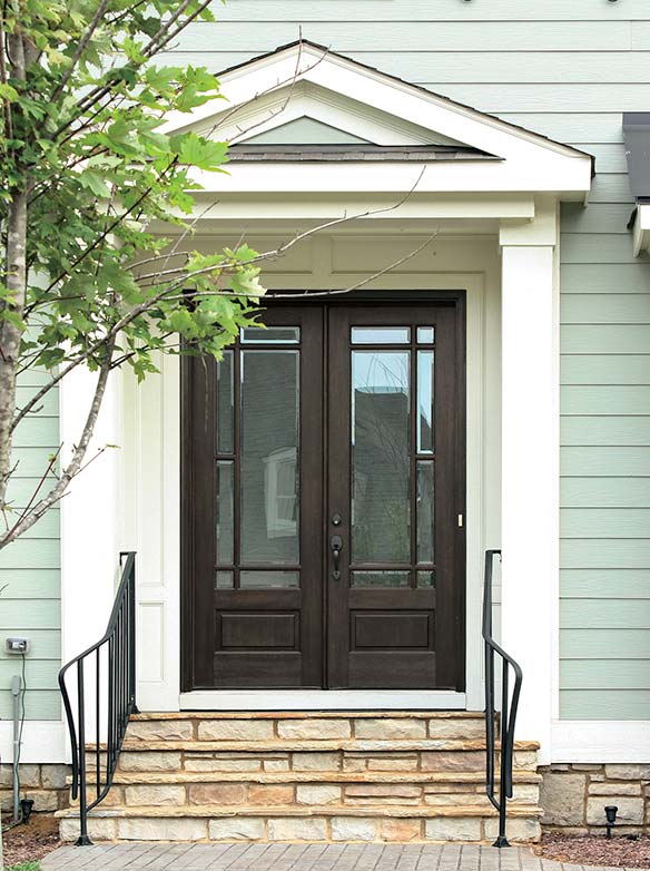 Arts & Crafts style, double entry doors, beveled glass panels, Mahogany, Alexandria Collection. 