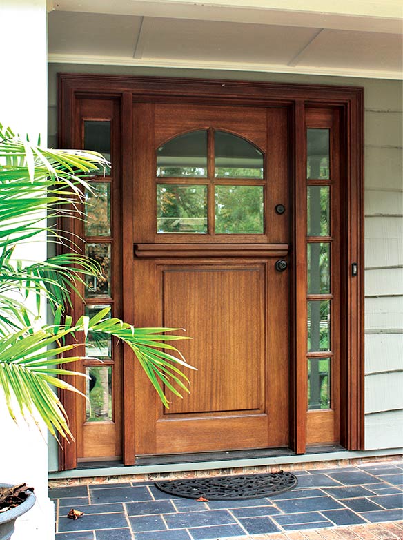 Single Dutch door entry with sidelights, clear beveled glass, Mahogany