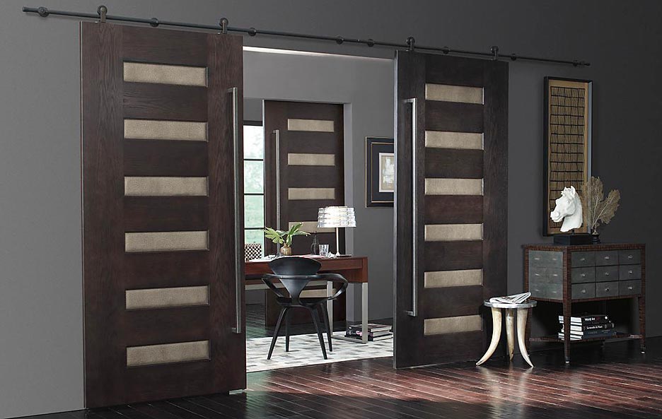 Contemporary style Interior sliding barn doors, Walnut veneer, leather panels, custom long iron door pulls, Model TM6100