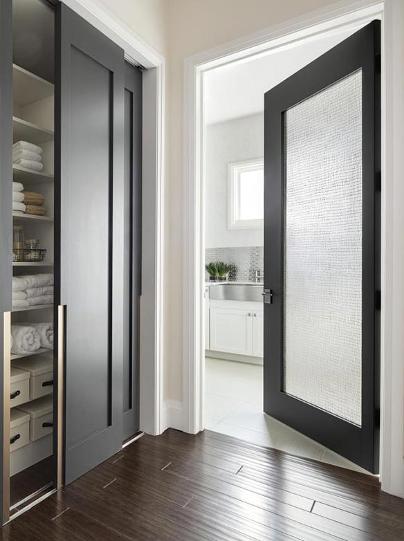 Modern style interior bathroom and closet doors, black finish, art glass panel, Model TM1000