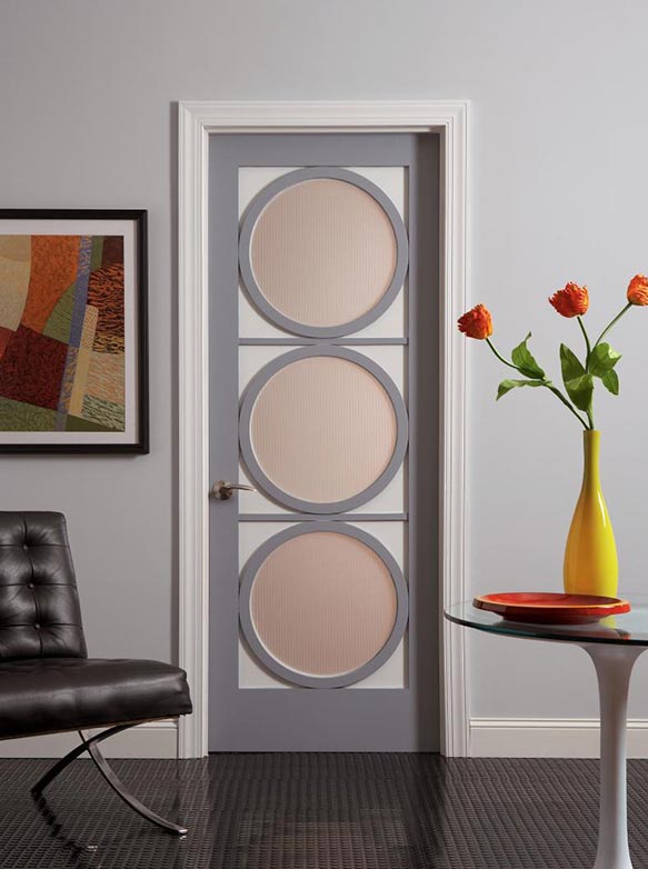 Contemporary design interior door, 3 circular panel designs, painted 3 colors, Model AD3030.