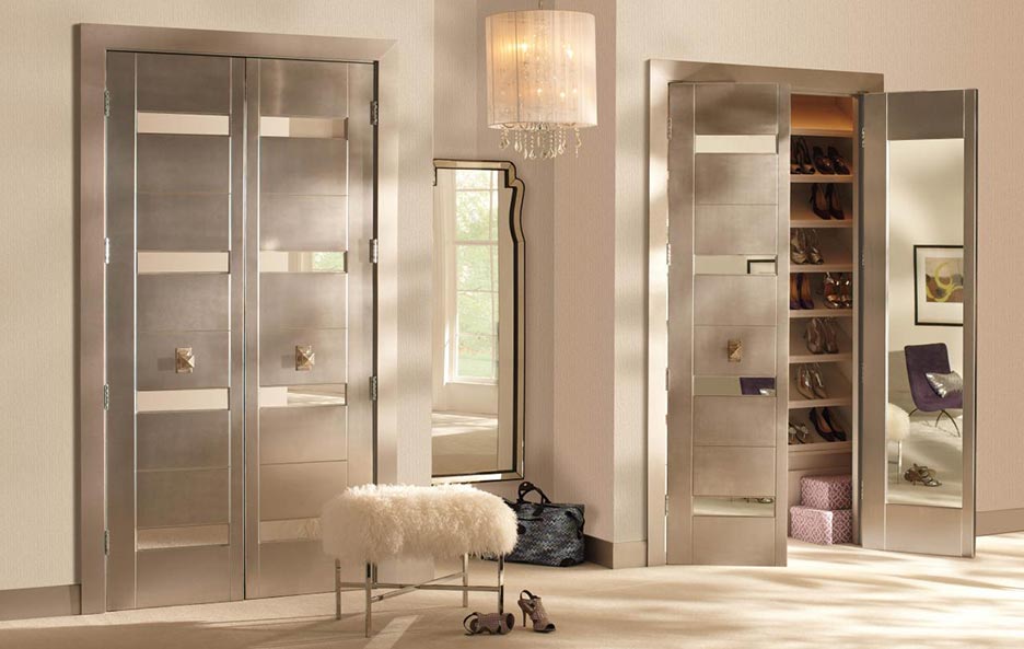 Contemporary interior double closet doors with inset mirror panels, white oak, pickled finish, Model TM9330