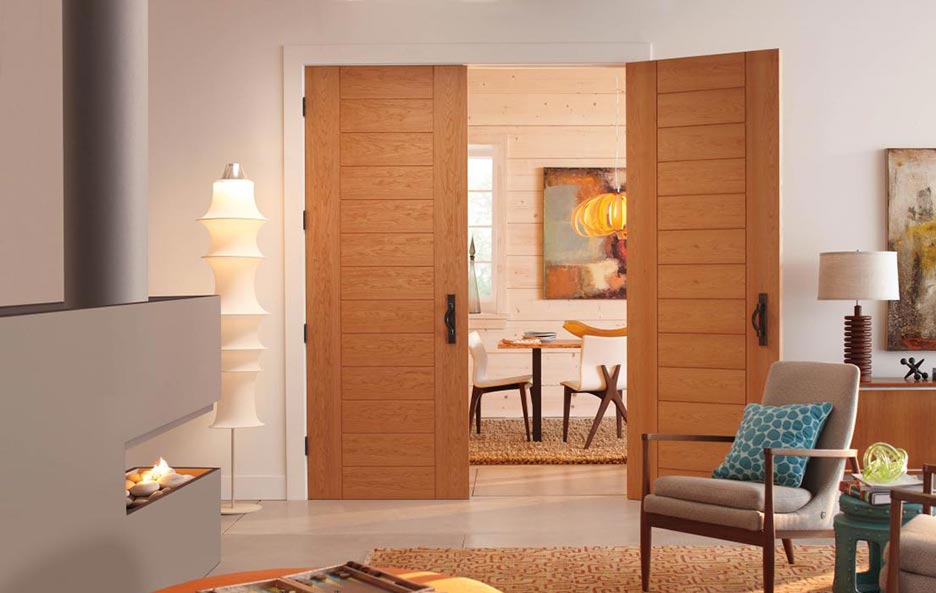 Modern Contemporary style, interior double family room doors, natural Red Oak, wide stiles, Model TM3000