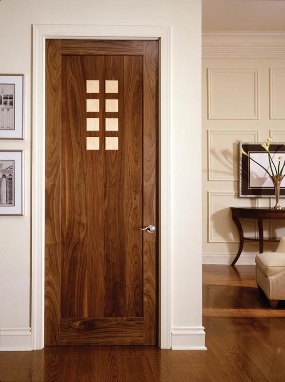 Traditional single interior door walnut w/ inlaid white maple squares design, Model AD1010
