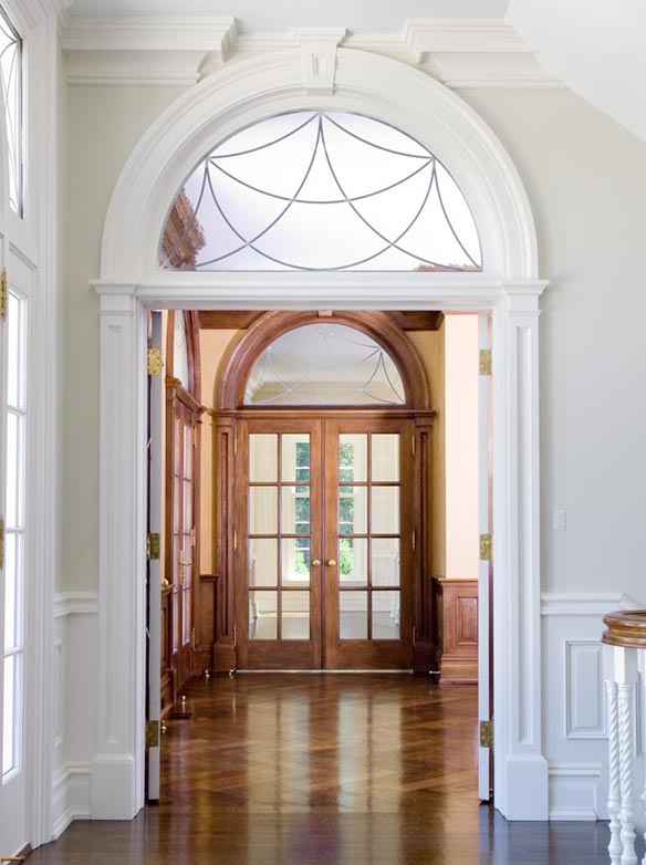 Colonial Georgian style, double 8 glass paneled interior doors, square top with round top transom, cherry wood, Model FL800