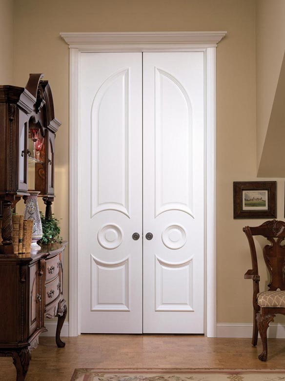 European style double narrow doors with square top pediment, painted white MDF, Interior common arch, circular lock rail, Model TS3230