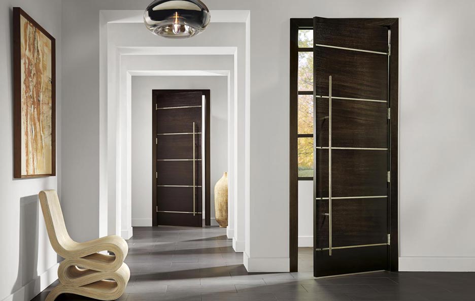 Modern single interior door, dark Walnut, bright chrome inlays, custom stainless steel door pull, Model TMIR6080