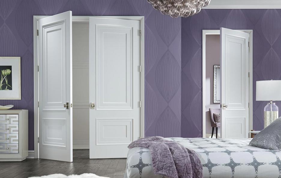 Post-modern style, pair of interior double doors, painted simi-gloss white MDF, applied tiered moldings, recessed panels, Model TS2060